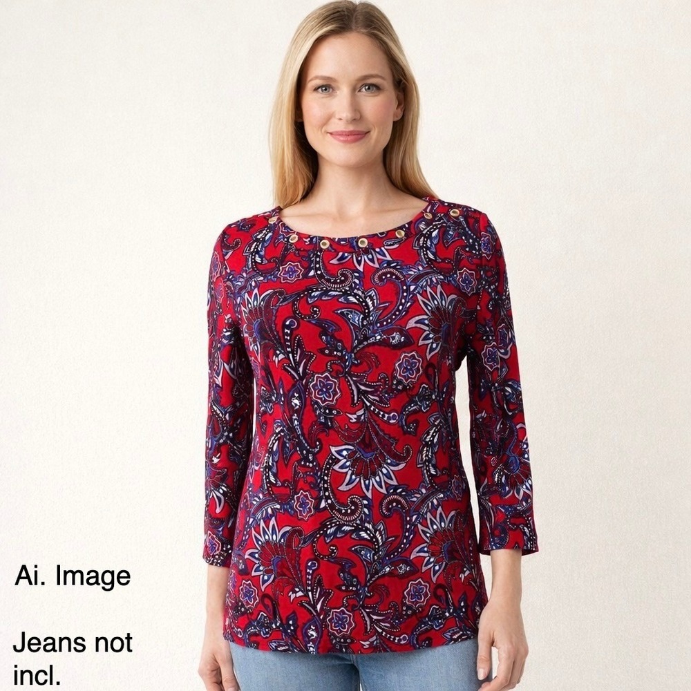Rafaella Paisley Cotton Top Grommet Neck 3/4 Sleeve Ruby Red Blouse S NWT